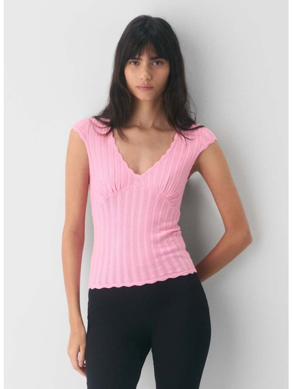 New Wilfred Jellybean Pink Knit Scalloped V-Neck Cap Sleeve Top M